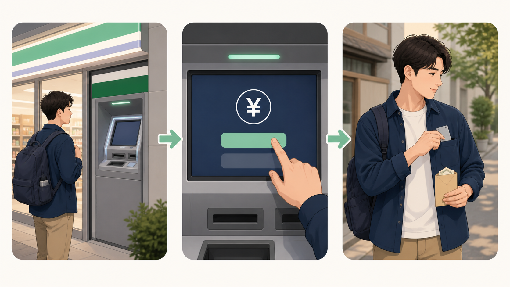 Three-step visual for a careful ATM withdrawal in Japan: choose a reputable ATM, select yen and keep a sensible cash reserve