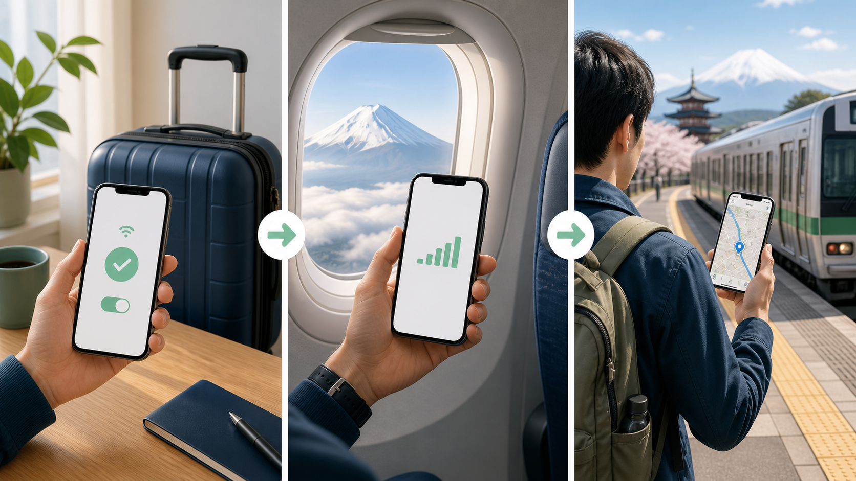 Three-step visual: install a travel eSIM before departure, activate it on arrival and use mobile maps in Japan
