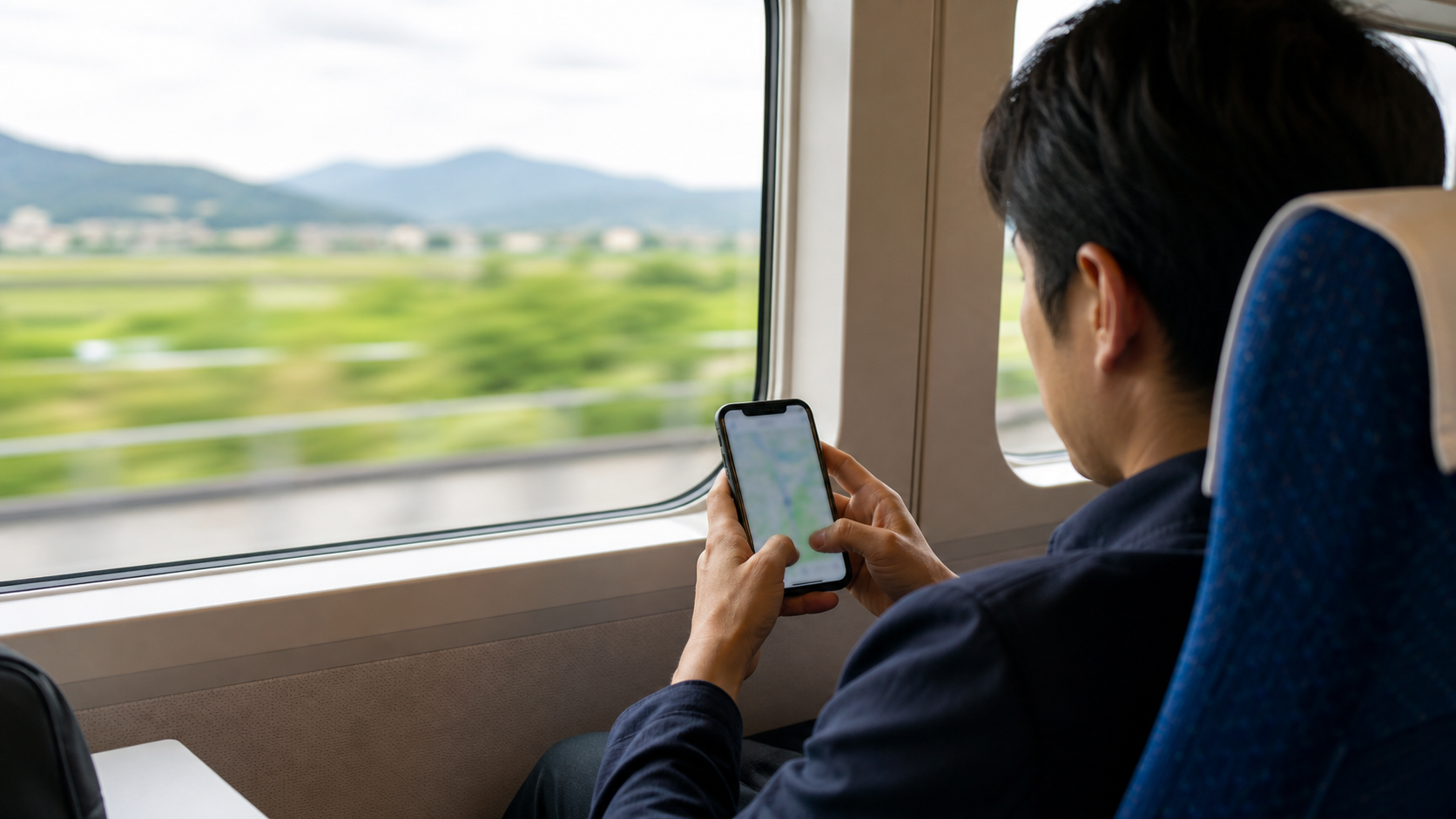 Traveller checking directions with mobile data on a Japanese high-speed train